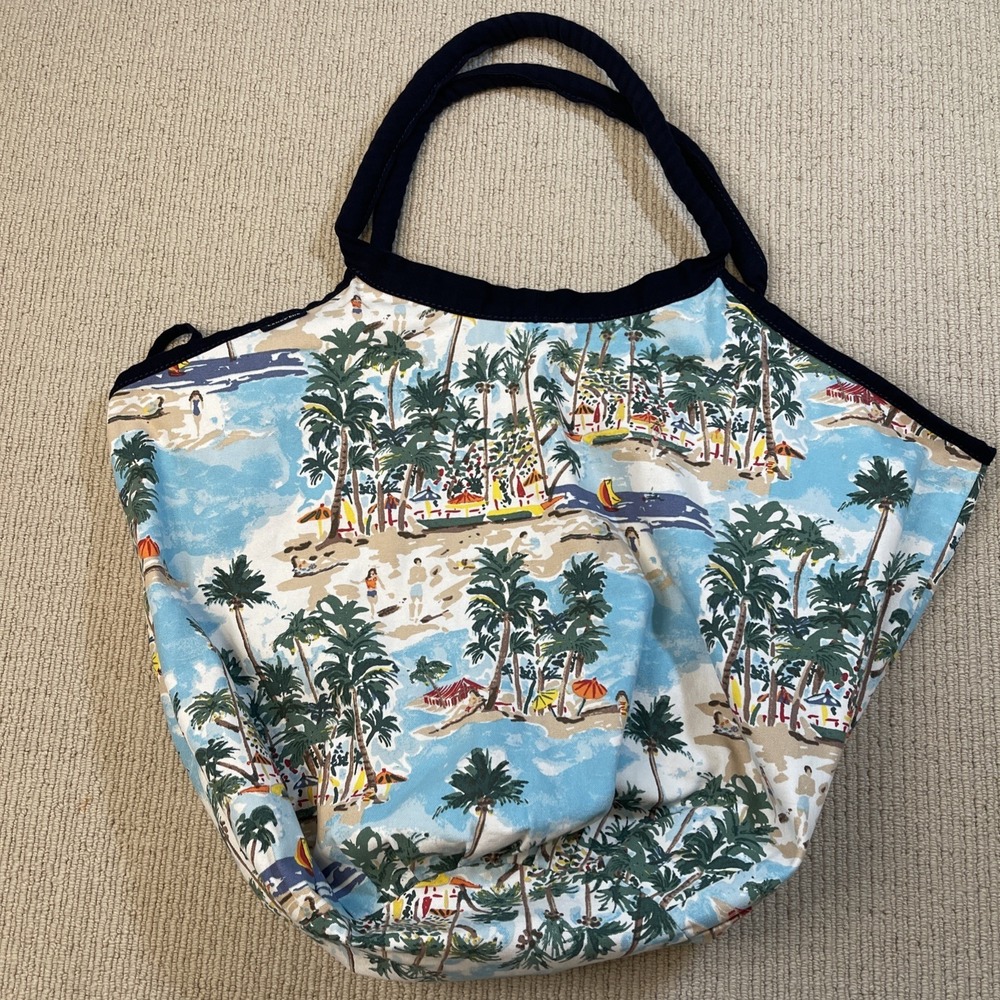 Lands' End Beach Scene Tote Bag Cotton Canvas Polyester Tropical Hawaiian